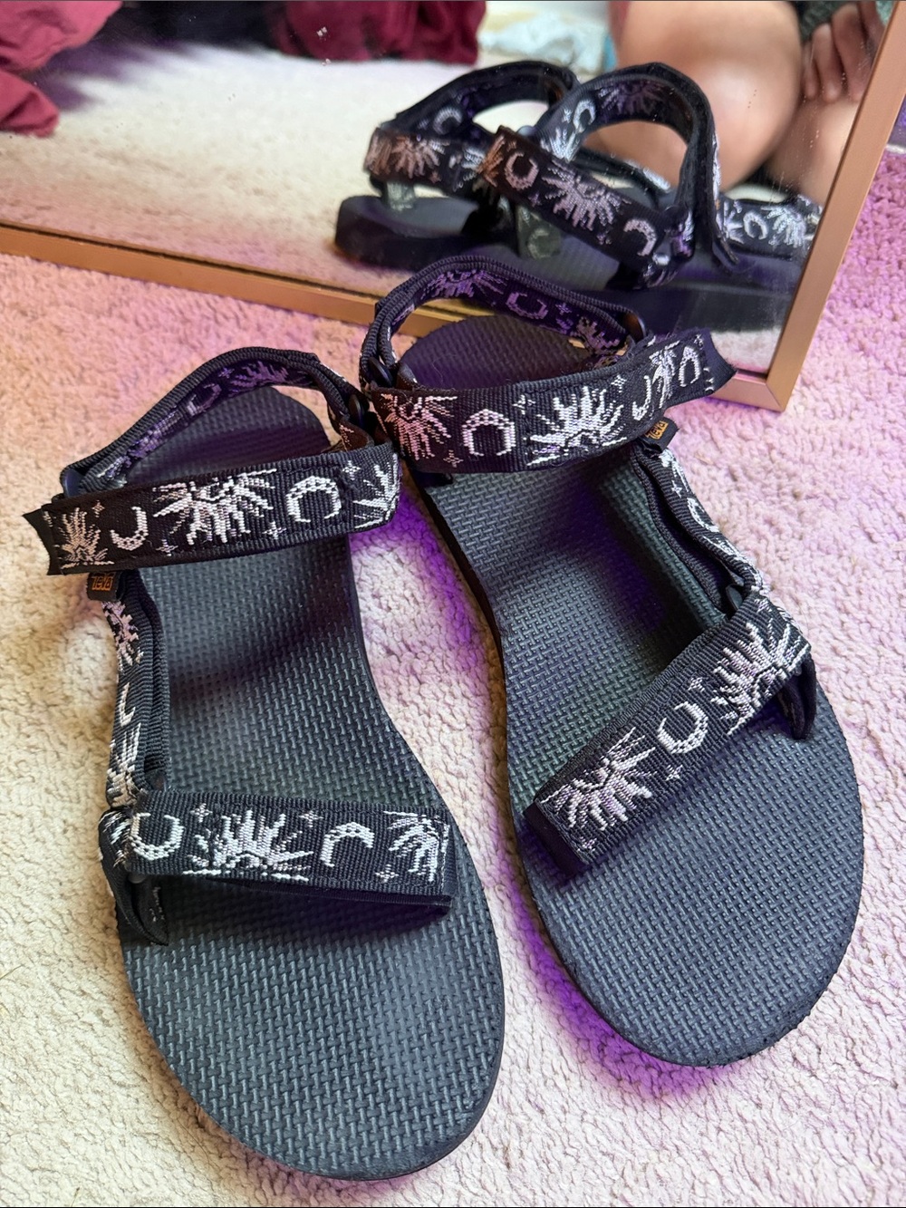 Teva Black Sandals with White Patterned Webbing